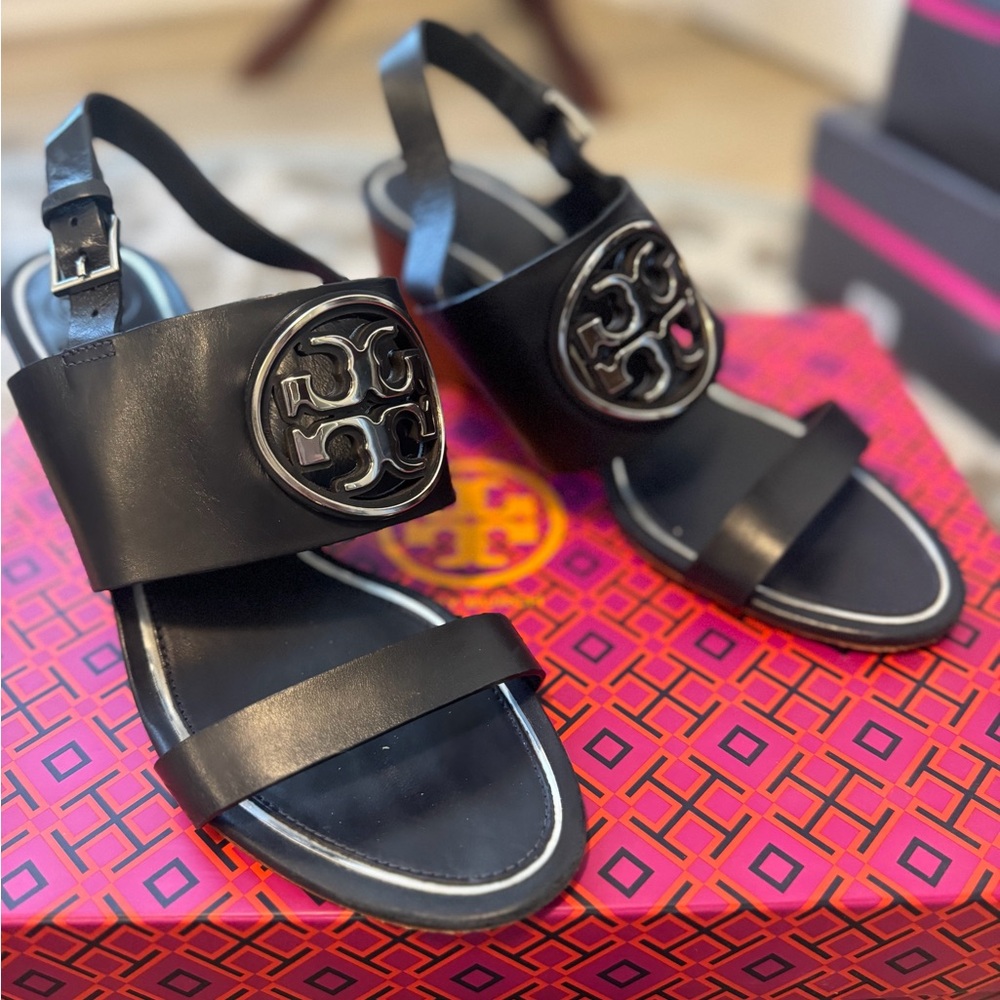 Tory Burch Metal Miller 65mm Veg Leather Wedge Sandals